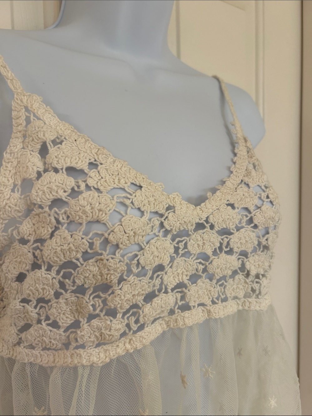 Boho Chic Crochet Knit & Embroidered Star Mesh Babydoll Cami Top Cream/Ivory SM - Picture 7 of 11